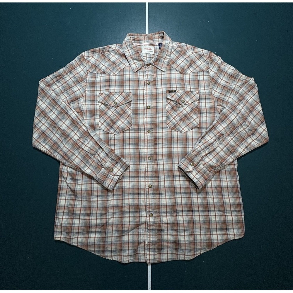 Wrangler Western Pearl Snap‎ Shirt Men's XL Orange Plaid Flannel Cowboy Rodeo